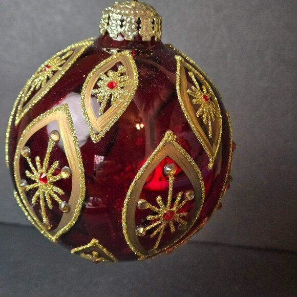 Frontgate Burgundy Gold Glass Ornament Jeweled Starburst Design Large 4" - Picture 2 of 7
